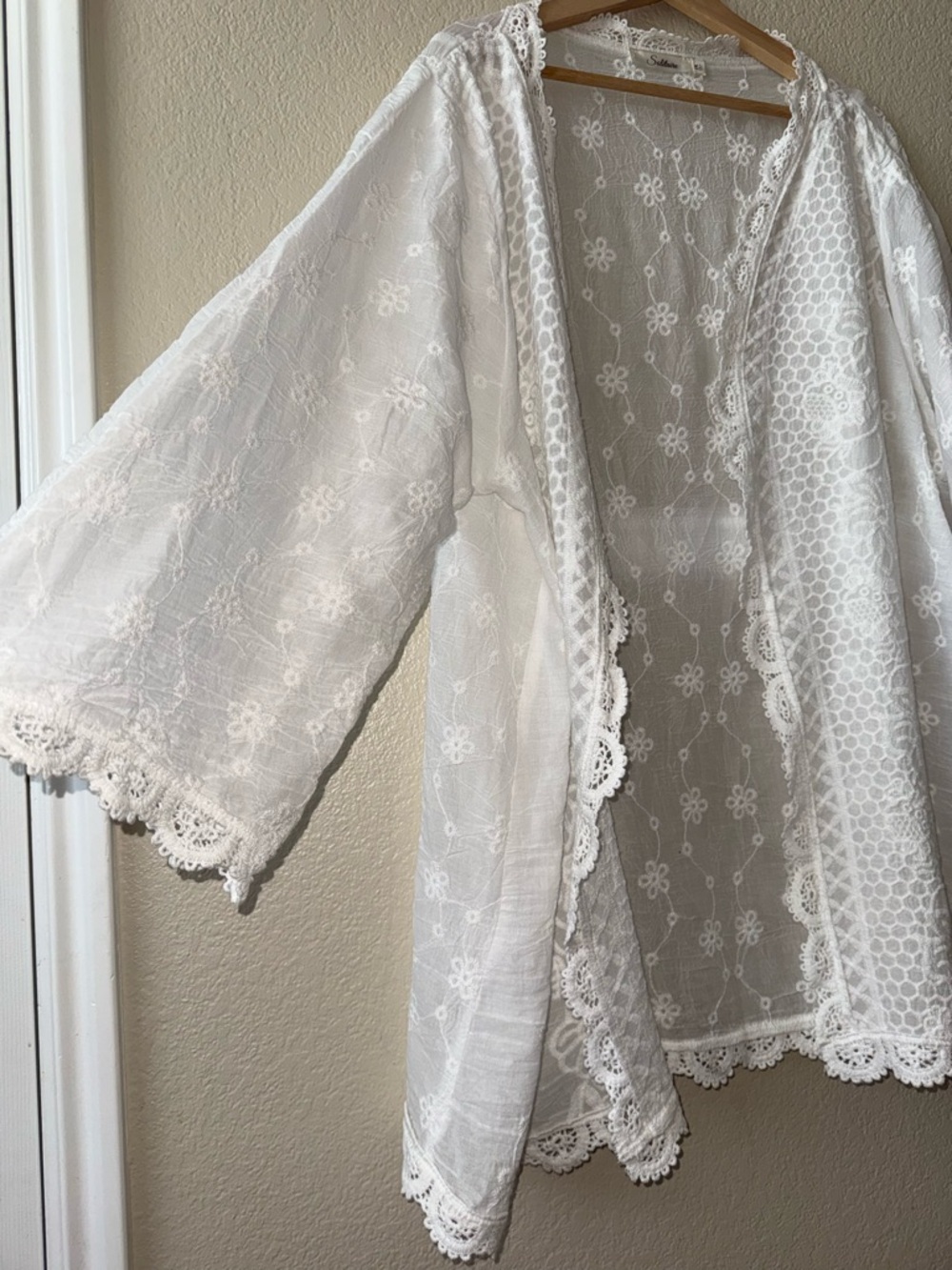 Cotton Blend Crochet Trim Lightweight Longline Kimono Crisp White Beachy 2X - Picture 11 of 11